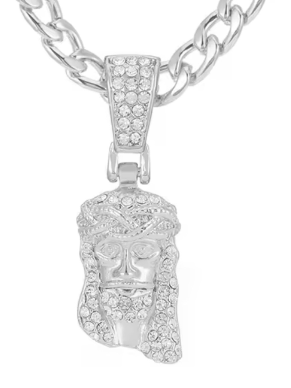Men's Silver-Tone Pave Jesus Head Pendant Necklace